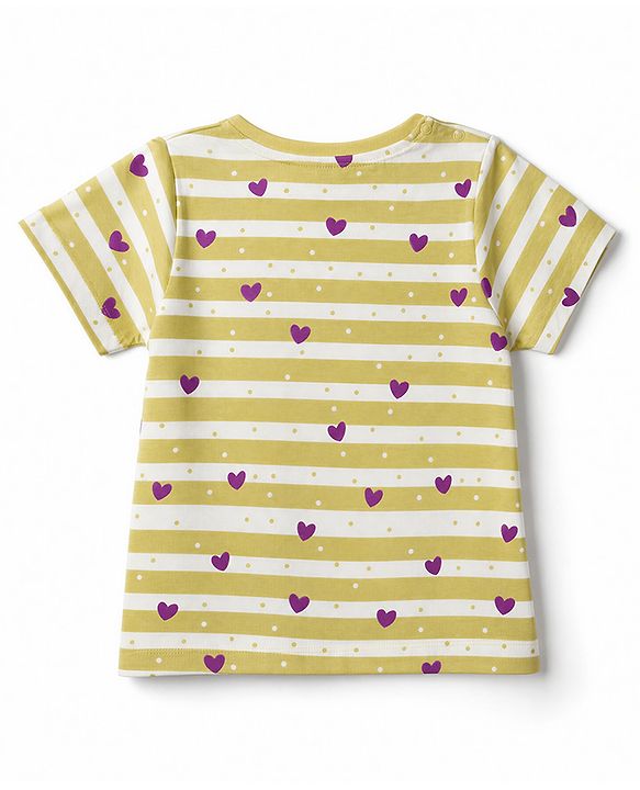 Pine Kids Cotton Knit Full Sleeves Striped T-Shirt & Pyjama Night Suit with Heart Print - Yellow & Violet