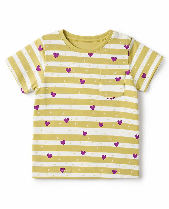 Pine Kids Cotton Knit Full Sleeves Striped T-Shirt & Pyjama Night Suit with Heart Print - Yellow & Violet