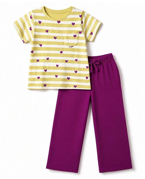 Pine Kids Cotton Knit Full Sleeves Striped T-Shirt & Pyjama Night Suit with Heart Print - Yellow & Violet