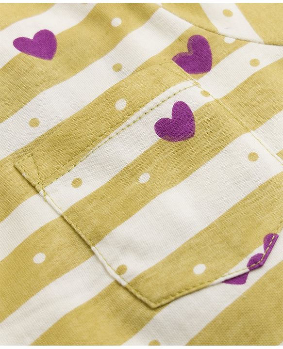 Pine Kids Cotton Knit Full Sleeves Striped T-Shirt & Pyjama Night Suit with Heart Print - Yellow & Violet