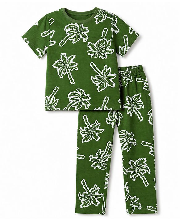 Pine Kids Cotton Knit Half Sleeves Co-Ords T-Shirt & Pyjama Night Suit with Palm Tree Print - Green