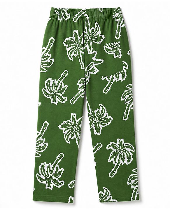 Pine Kids Cotton Knit Half Sleeves Co-Ords T-Shirt & Pyjama Night Suit with Palm Tree Print - Green