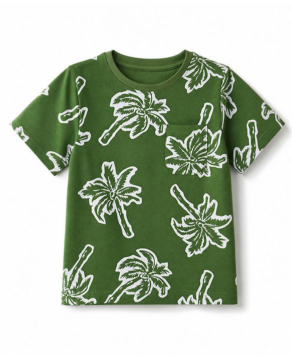Pine Kids Cotton Knit Half Sleeves Co-Ords T-Shirt & Pyjama Night Suit with Palm Tree Print - Green