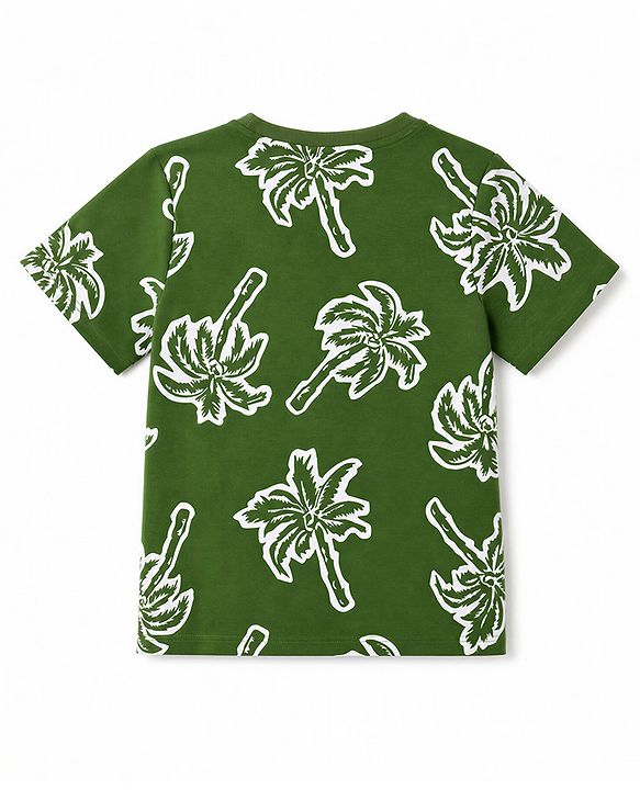Pine Kids Cotton Knit Half Sleeves Co-Ords T-Shirt & Pyjama Night Suit with Palm Tree Print - Green