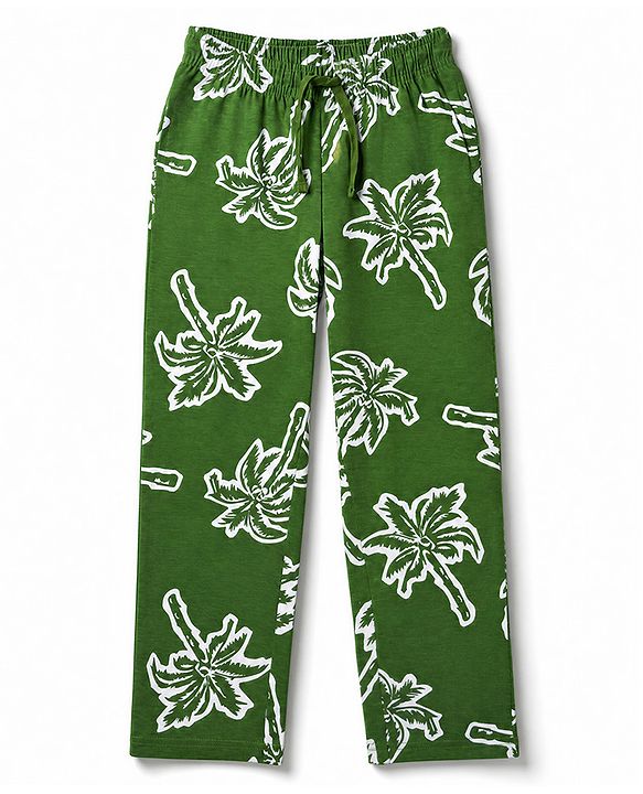 Pine Kids Cotton Knit Half Sleeves Co-Ords T-Shirt & Pyjama Night Suit with Palm Tree Print - Green