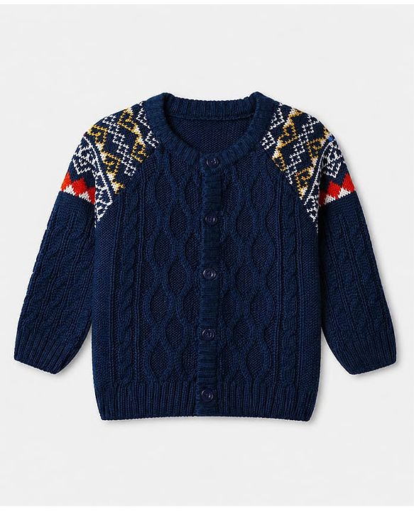 Babyhug Cable Knit Cardigan with Full Sleeves and Geometric Pattern Design in Navy Blue