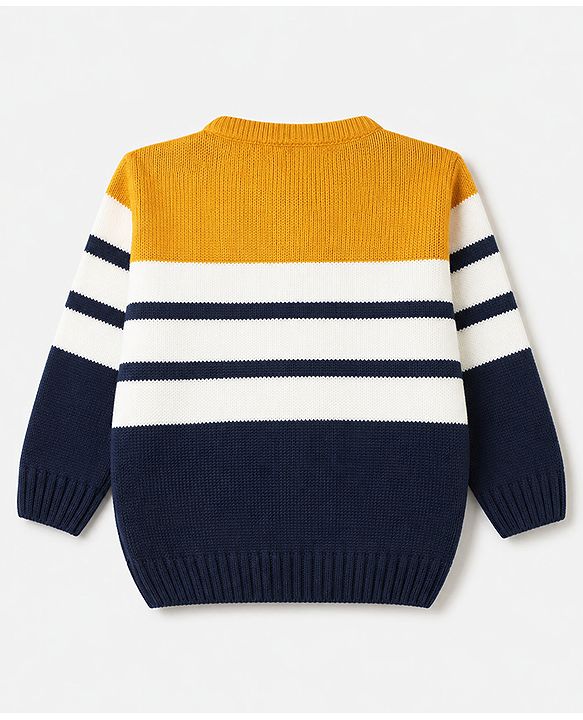 Babyhug Knit Full Sleeves Striped Sweater Set - Mustard & Navy Blue