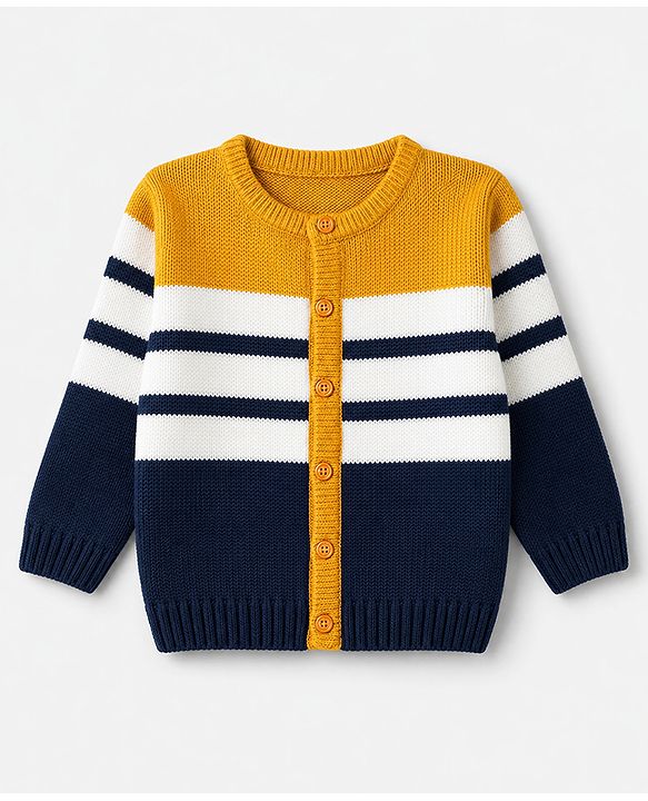 Babyhug Knit Full Sleeves Striped Sweater Set - Mustard & Navy Blue