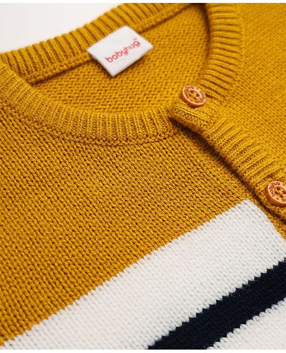 Babyhug Knit Full Sleeves Striped Sweater Set - Mustard & Navy Blue