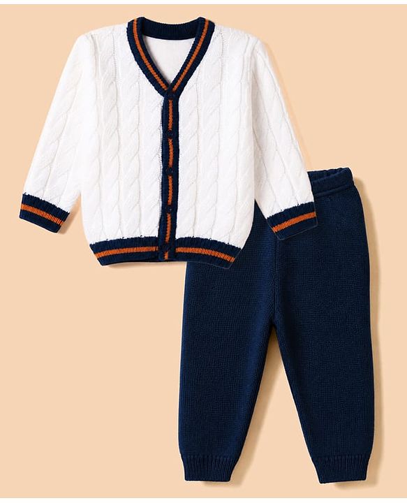 Babyhug Cable Knit Full Sleeves Sweater Set - White & Navy Blue