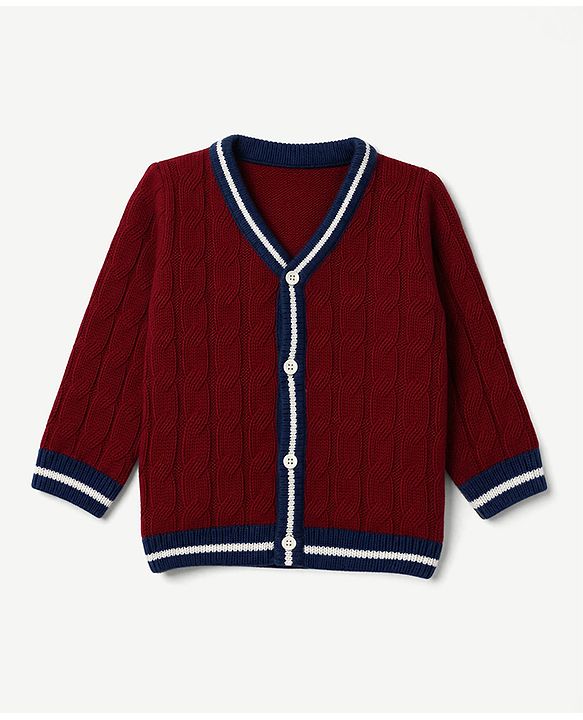 Babyhug Knit Full Sleeves Sweater Set with Cable Knit Design - Maroon