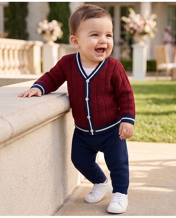 Babyhug Knit Full Sleeves Sweater Set with Cable Knit Design - Maroon
