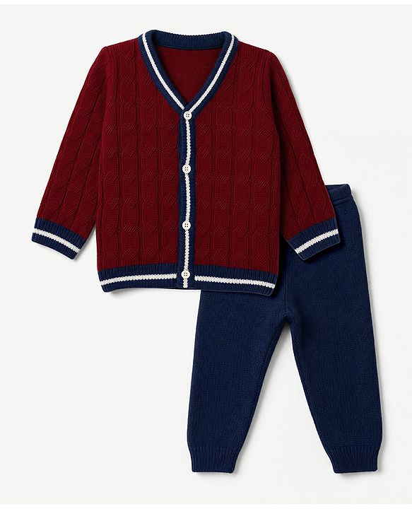 Babyhug Knit Full Sleeves Sweater Set with Cable Knit Design - Maroon