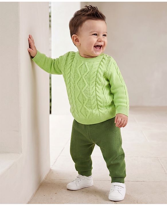 Babyhug Knit Full Sleeves Sweater Set With Cable Knit Design - Green