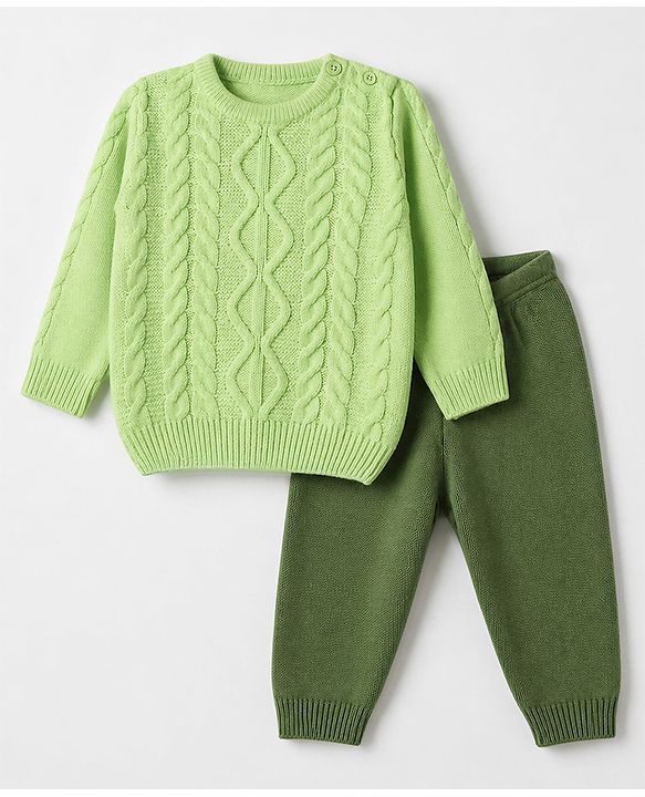 Babyhug Knit Full Sleeves Sweater Set With Cable Knit Design - Green