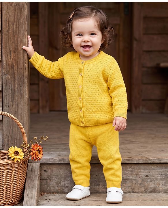 Babyhug Knit Full Sleeves Cable Knit Design Sweater Set - Yellow