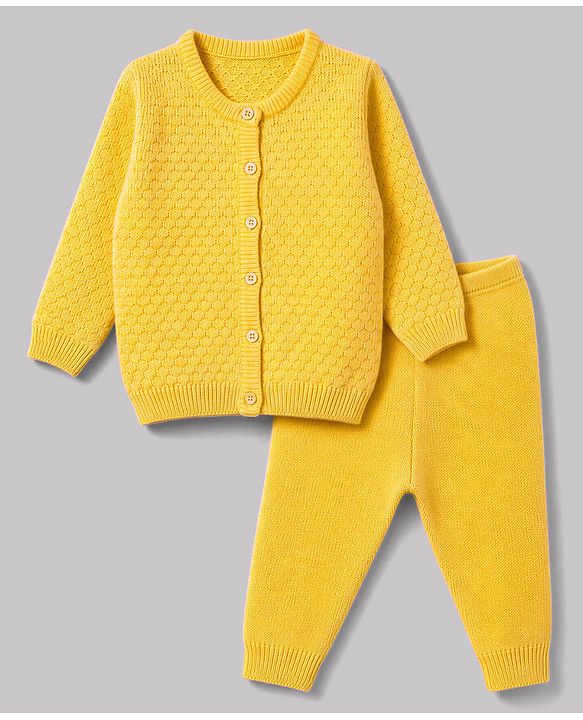 Babyhug Knit Full Sleeves Cable Knit Design Sweater Set - Yellow