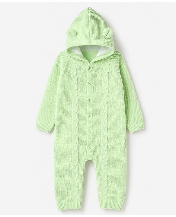 Babyhug Fur Woven Full Sleeves Hooded Winter Wear Romper With Applique - Neon Green