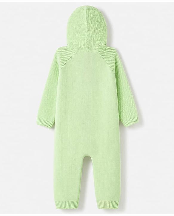 Babyhug Fur Woven Full Sleeves Hooded Winter Wear Romper With Applique - Neon Green