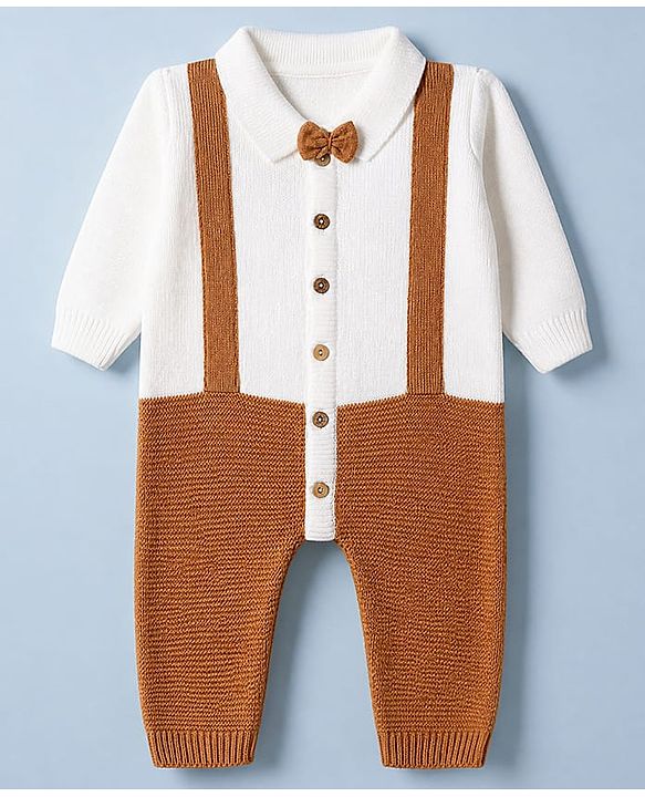 Babyhug Knit Full Sleeves Solid Winter Wear Romper With Bow Applique - White Brown