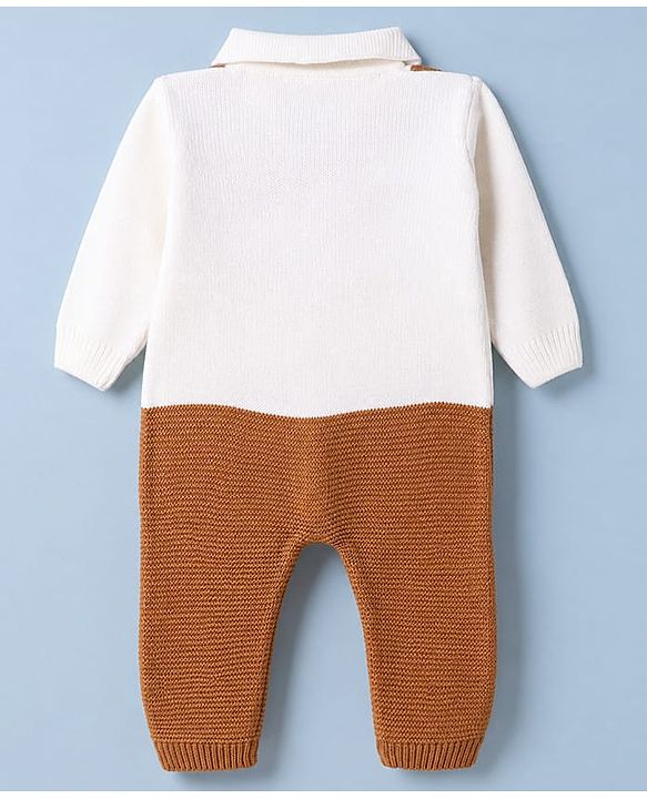 Babyhug Knit Full Sleeves Solid Winter Wear Romper With Bow Applique - White Brown