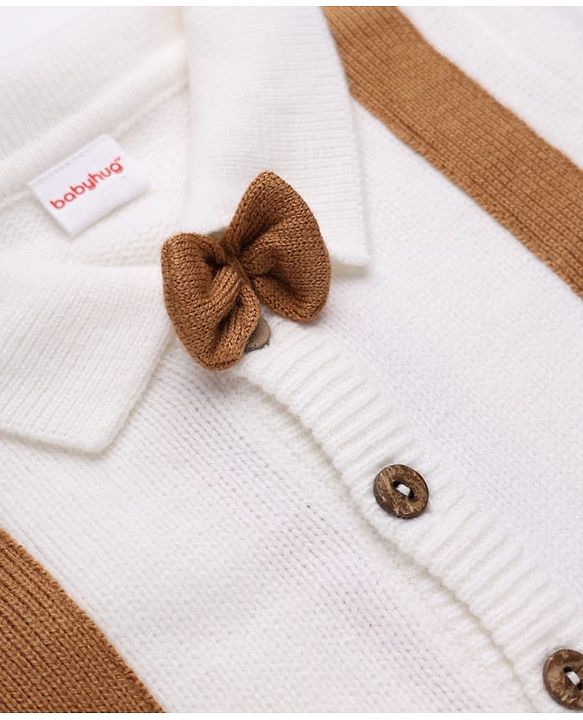 Babyhug Knit Full Sleeves Solid Winter Wear Romper With Bow Applique - White Brown