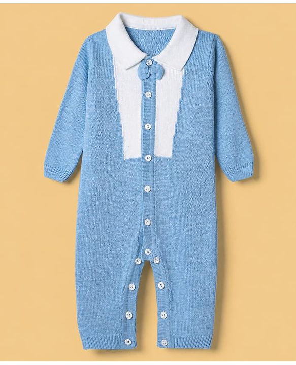 Babyhug Knit Full Sleeves Winter Wear Romper with Bow Applique - Blue
