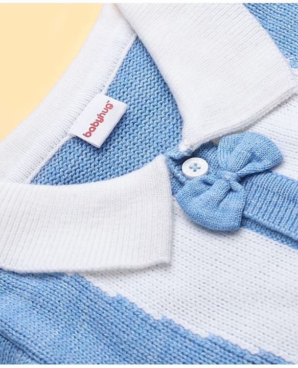 Babyhug Knit Full Sleeves Winter Wear Romper with Bow Applique - Blue