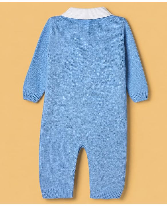 Babyhug Knit Full Sleeves Winter Wear Romper with Bow Applique - Blue