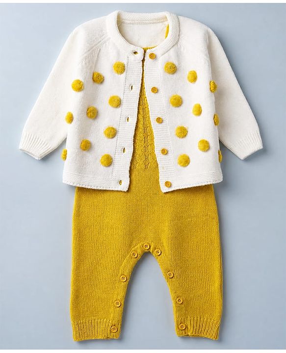 Babyhug Knit Full Sleeves Jacket & Winter Wear Romper With Applique - Yellow