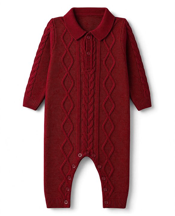 Babyhug Knit Full Sleeves Hooded Winter Wear Romper With Cable Knit Design & Cap -Red