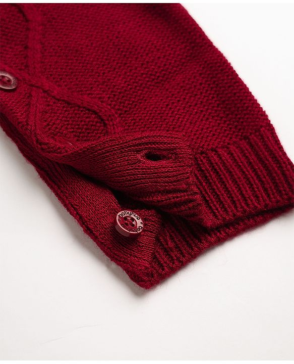 Babyhug Knit Full Sleeves Hooded Winter Wear Romper With Cable Knit Design & Cap -Red