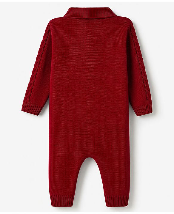 Babyhug Knit Full Sleeves Hooded Winter Wear Romper With Cable Knit Design & Cap -Red