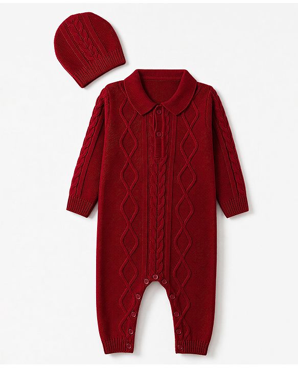 Babyhug Knit Full Sleeves Hooded Winter Wear Romper With Cable Knit Design & Cap -Red