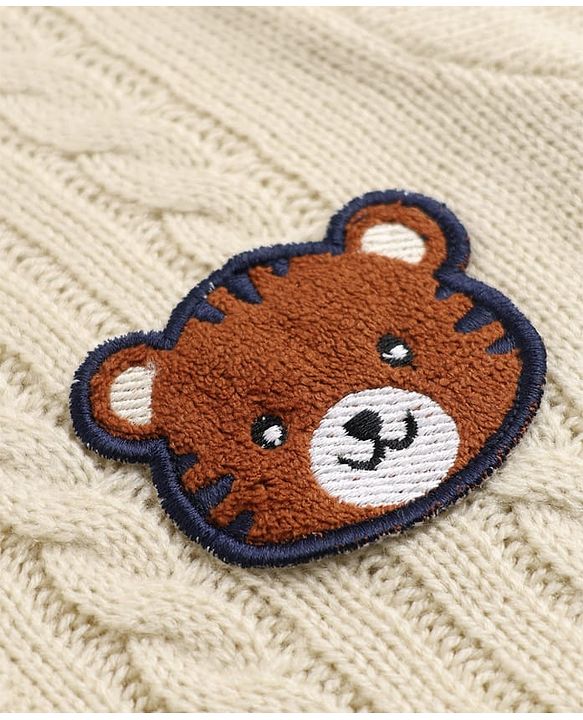 Babyhug Knit Full Sleeves Winter Wear Romper with Full Length and Bear Patch - White