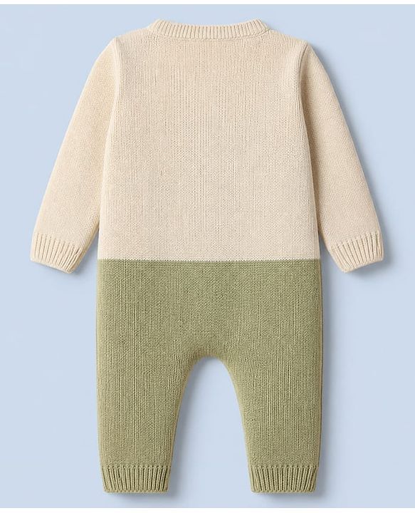 Babyhug Knit Full Sleeves Winter Wear Romper with Full Length and Bear Patch - White