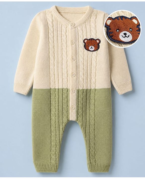Babyhug Knit Full Sleeves Winter Wear Romper with Full Length and Bear Patch - White