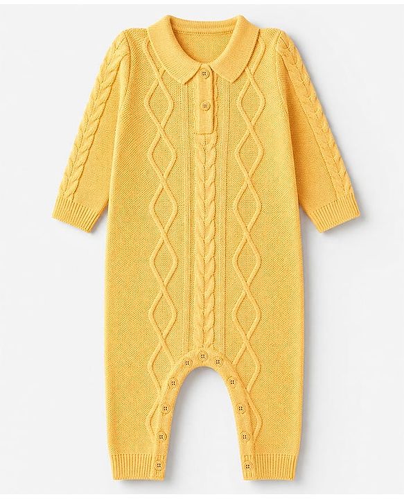Babyhug Knit Full Sleeves Winter Wear Romper With Cap - Yellow