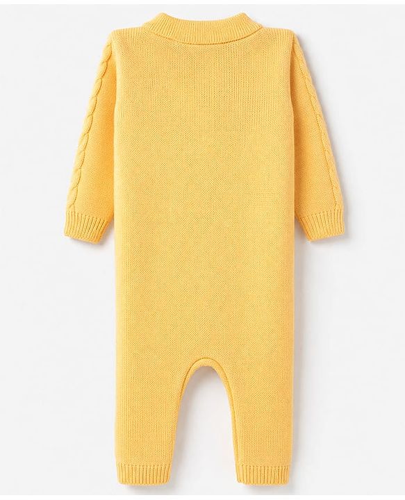 Babyhug Knit Full Sleeves Winter Wear Romper With Cap - Yellow