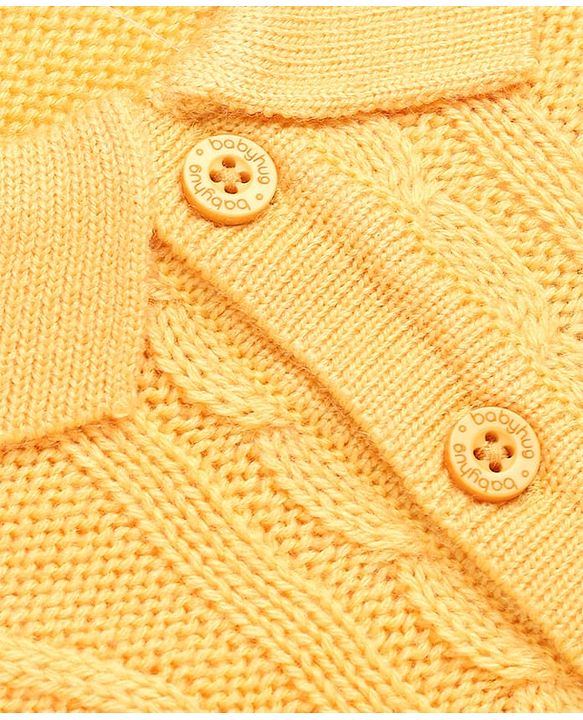 Babyhug Knit Full Sleeves Winter Wear Romper With Cap - Yellow