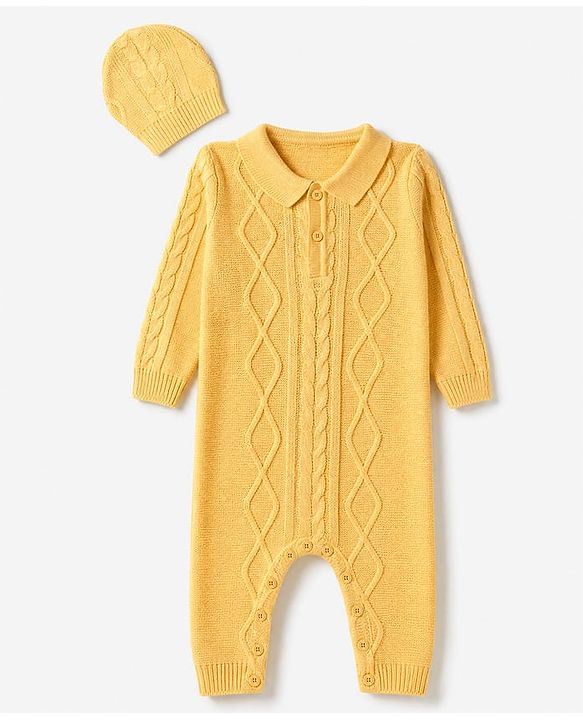 Babyhug Knit Full Sleeves Winter Wear Romper With Cap - Yellow