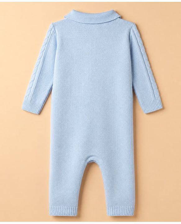 Babyhug Knit Full Sleeves Winter Wear Romper With Cap - Light Blue