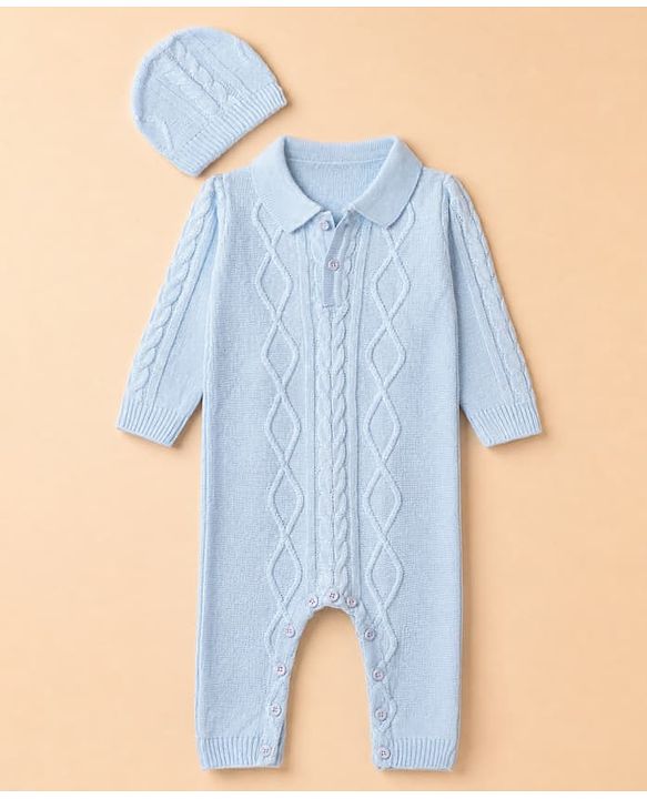 Babyhug Knit Full Sleeves Winter Wear Romper With Cap - Light Blue
