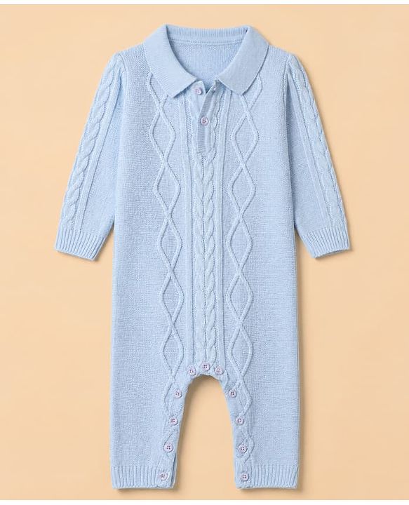 Babyhug Knit Full Sleeves Winter Wear Romper With Cap - Light Blue