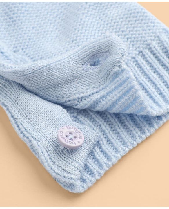 Babyhug Knit Full Sleeves Winter Wear Romper With Cap - Light Blue