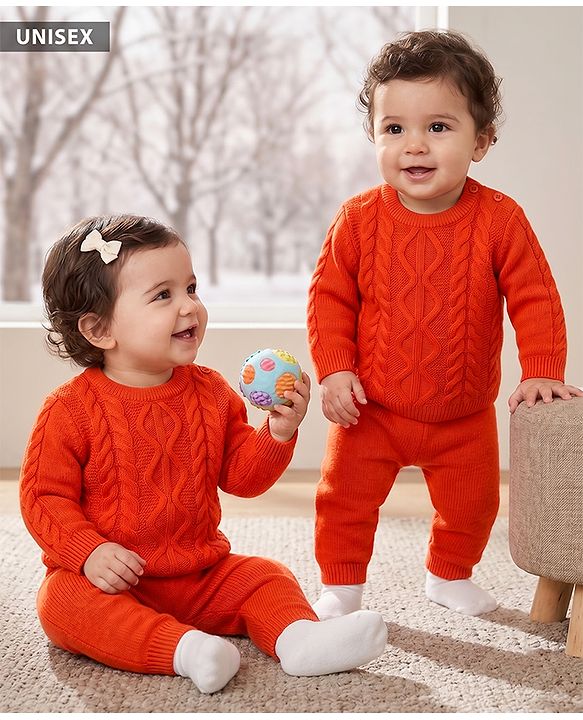 Babyhug Knit Full Sleeves Sweater Set With Cable Knit Design - Orange