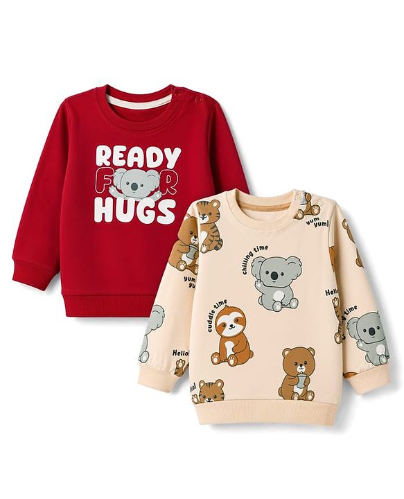 Babyhug Heavy Gauge 100% Cotton Terry Knit Full Sleeves Sweatshirts With Koala and Text Print Pack of 2 - Red & Beige