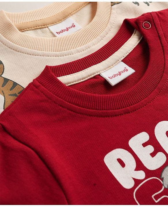 Babyhug Heavy Gauge 100% Cotton Terry Knit Full Sleeves Sweatshirts With Koala and Text Print Pack of 2 - Red & Beige