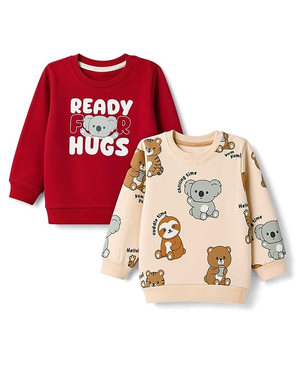 Babyhug Heavy Gauge 100% Cotton Terry Knit Full Sleeves Sweatshirts With Koala and Text Print Pack of 2 - Red & Beige