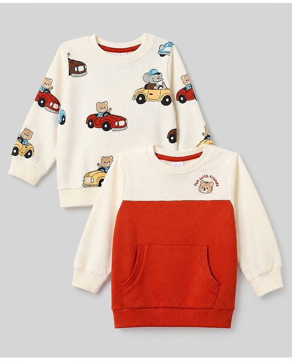 Babyhug 100% Cotton Terry Knit Full Sleeves Sweatshirts with Vehicle and Animal Print Pack of 2 - Beige & Red